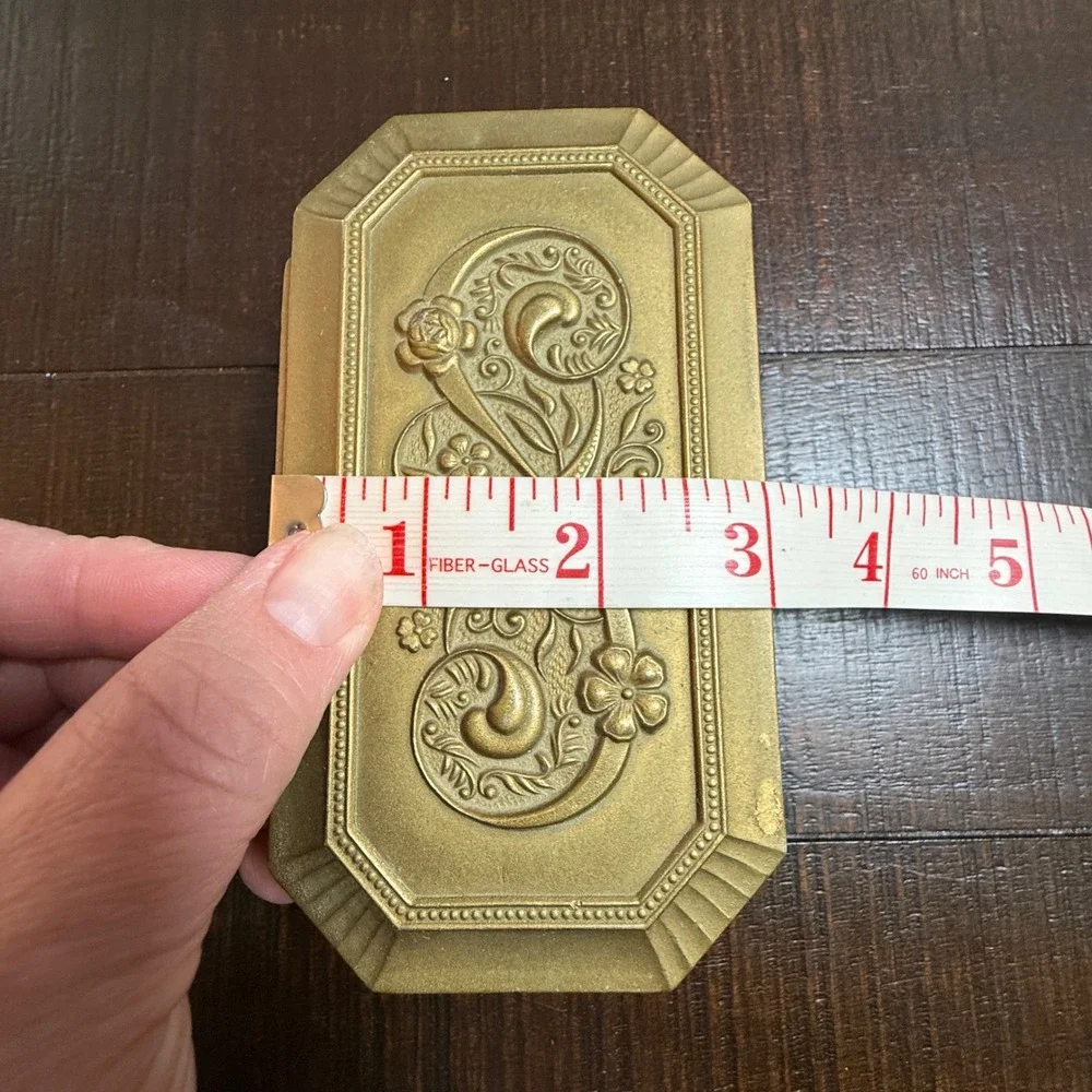 Vintage Gold Brass Floral‎ Embossed Metal Trinket Jewelry Box Red Velvet Coffin